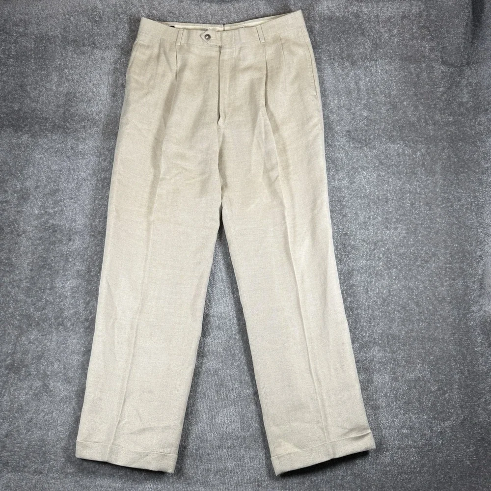 Vintage Jos A Bank Pants Men's 34x31 Beige Wool Blend Double Pleated Cuffed